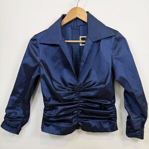 TADASHI Shoji Blouse Women Size 4 Blue Ruched Formal Party Metallic Gathered